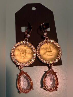 Rose Gold-Tone Moon Face Drop Earrings with Pave Outline & Crystal Dangles